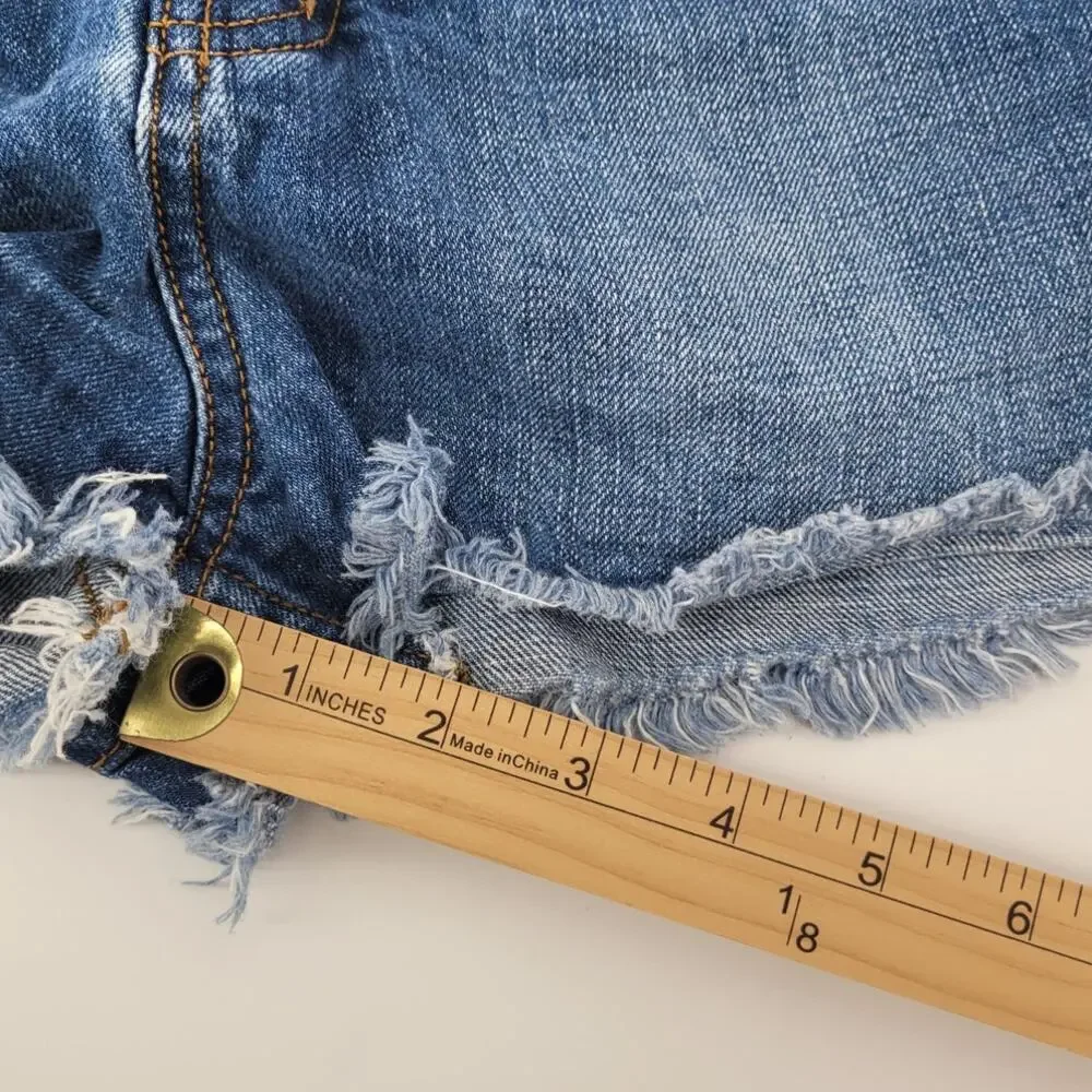 We The Free Free People Distressed Cutoff Denim Short 31 Blue Button Fly Raw Hem